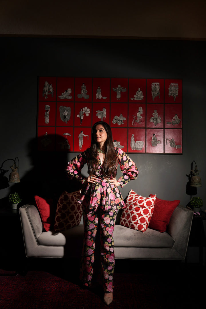 Manat Lamba In Black Rose Peplum Trouser Set