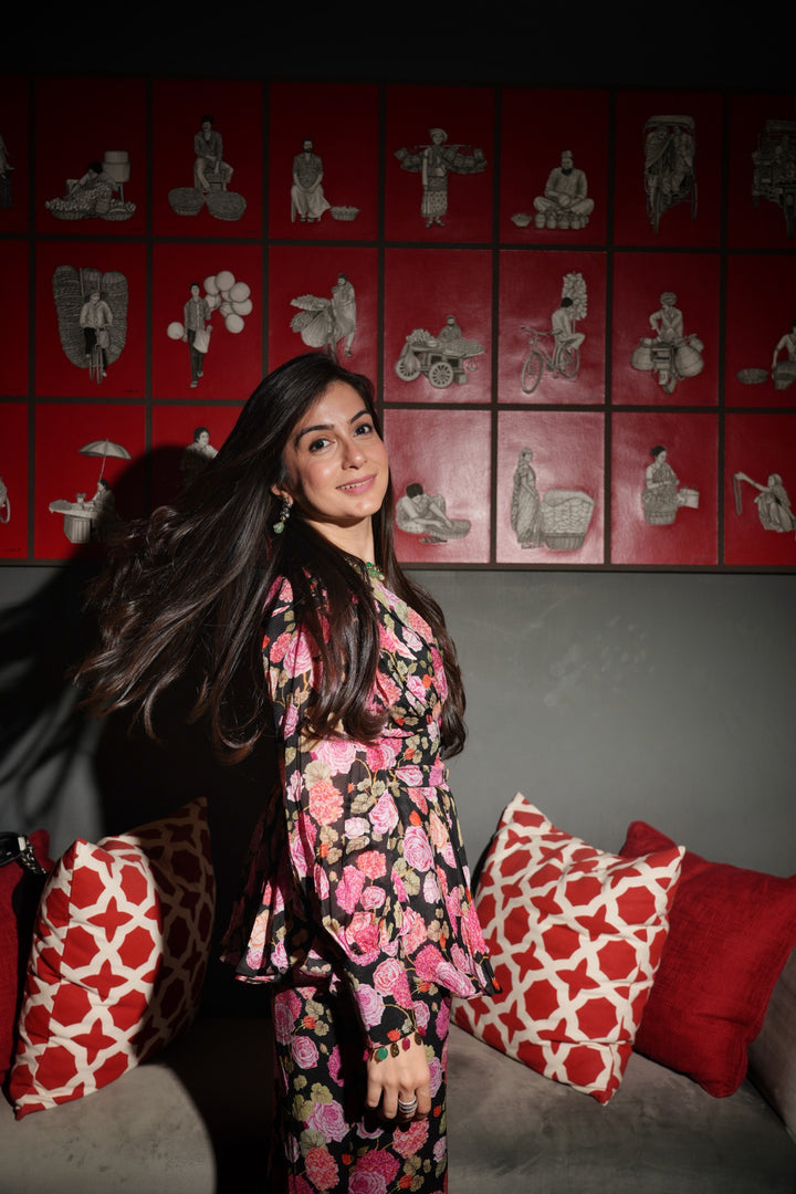 Manat Lamba In Black Rose Peplum Trouser Set