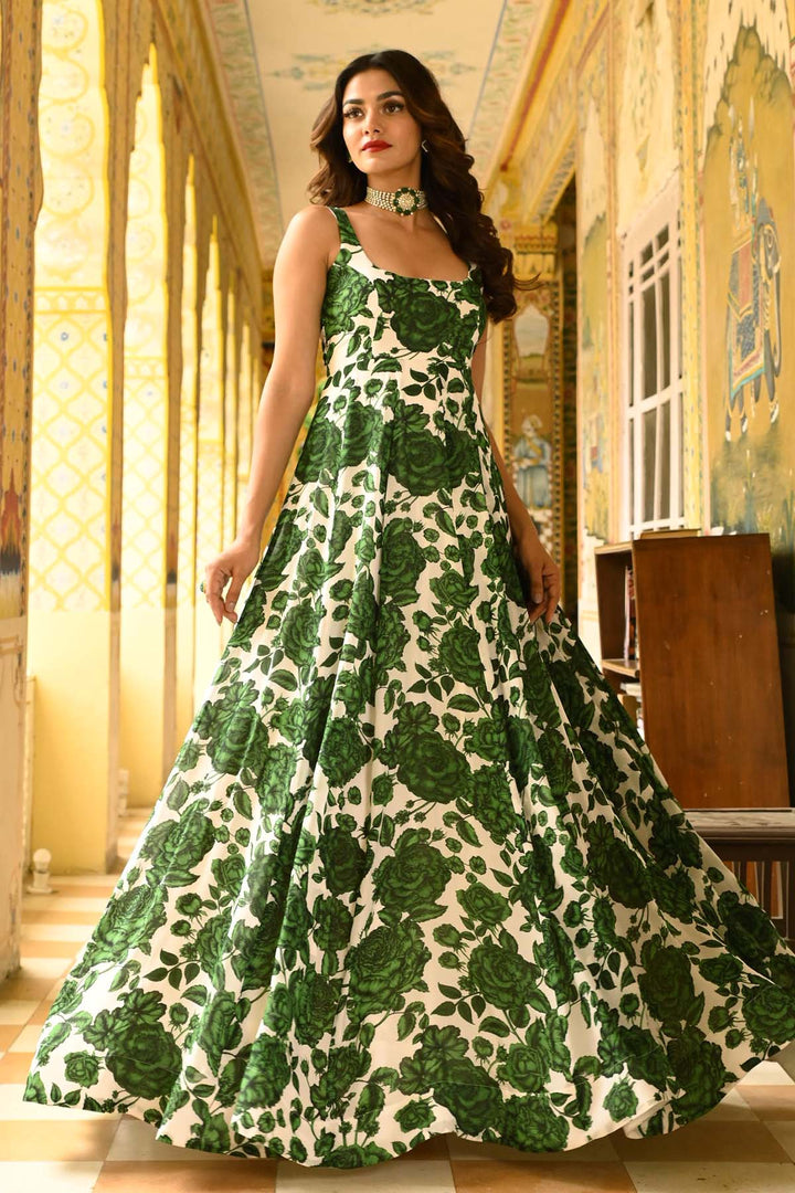 Green & White Anarkali Set