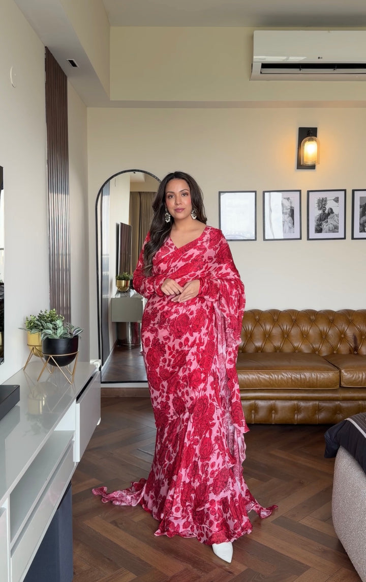 Red & Pink Ruffle Saree Set