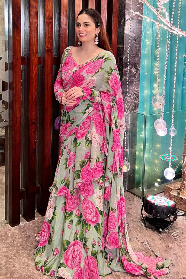 Jannat Khan in Mint Green 1 Layer Ruffle Saree Set