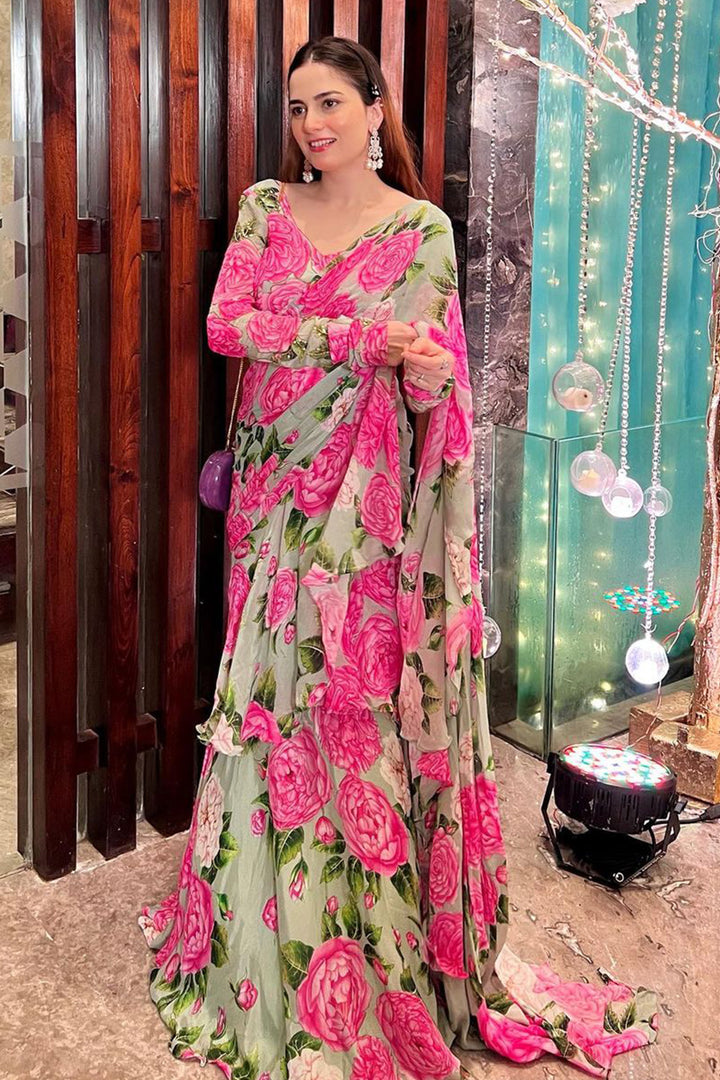 Jannat Khan in Mint Green 3 Layer Ruffle Saree Set