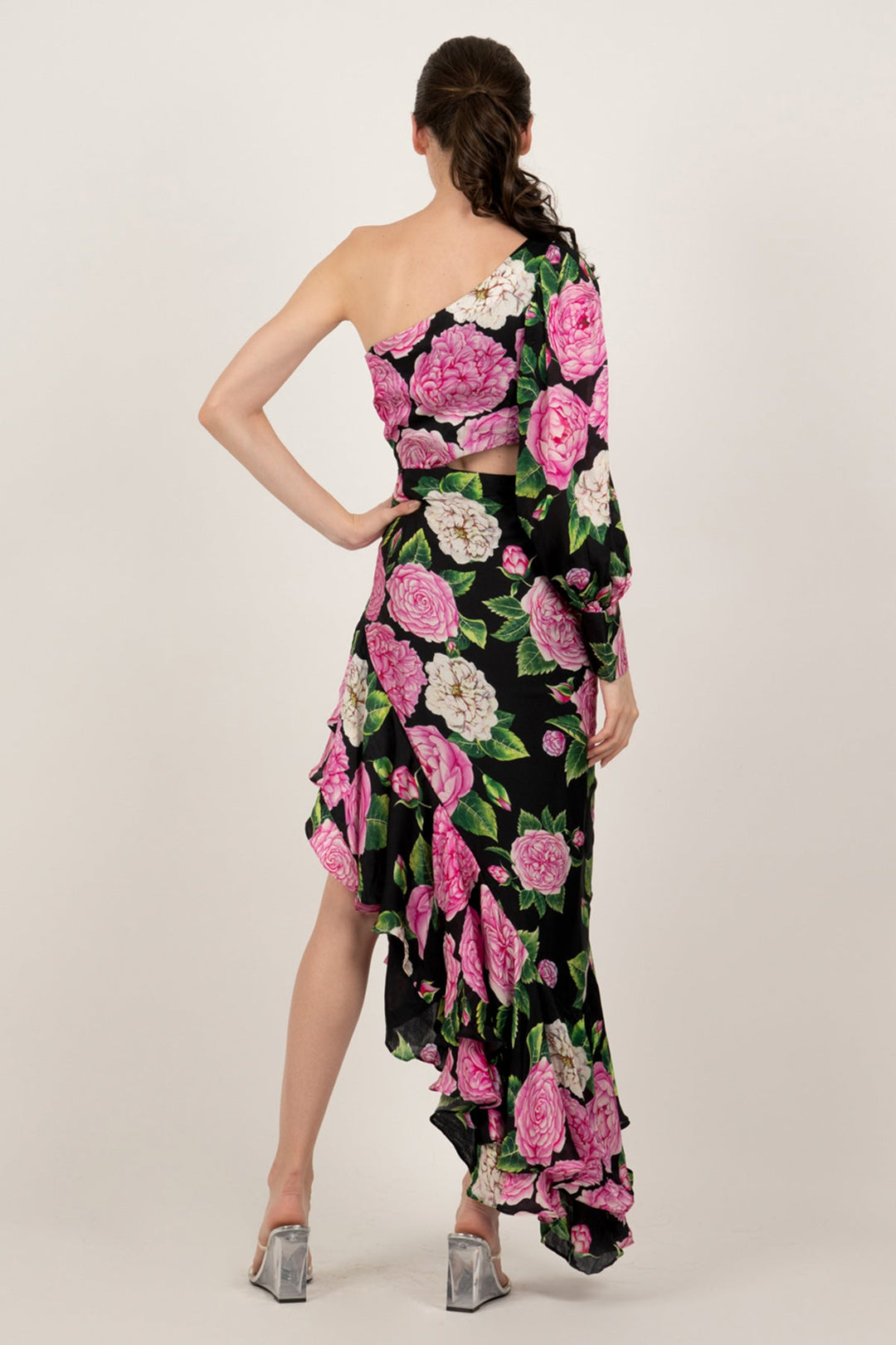 Black Pink Peonies One Shoulder Dress