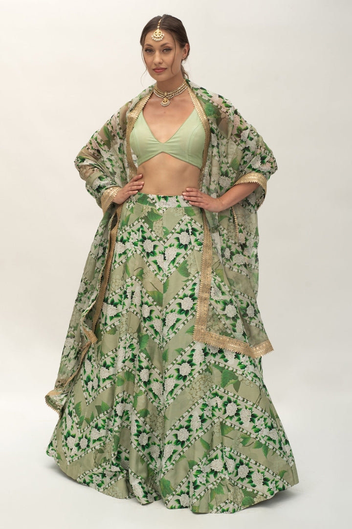 Mint Chevron Lehenga Set