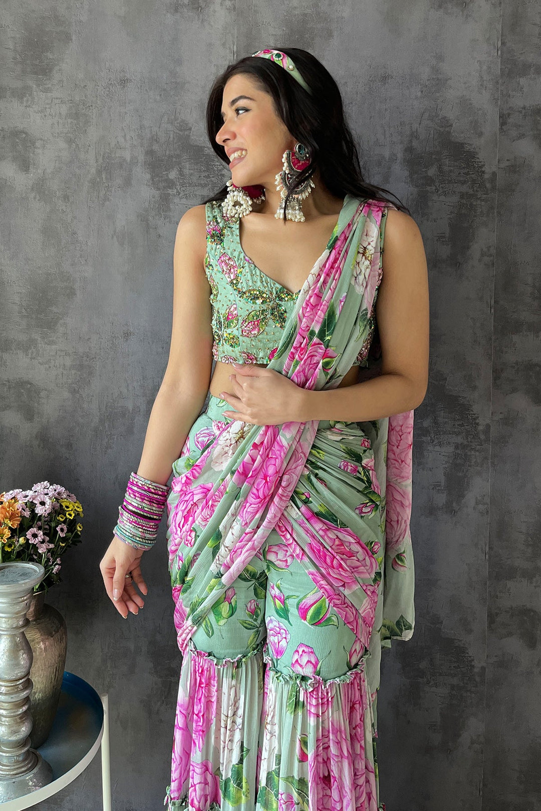 Sukhmani Kaur in Mint Green Sharara Saree Set