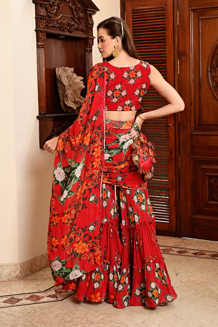 Red Sharara Saree Set