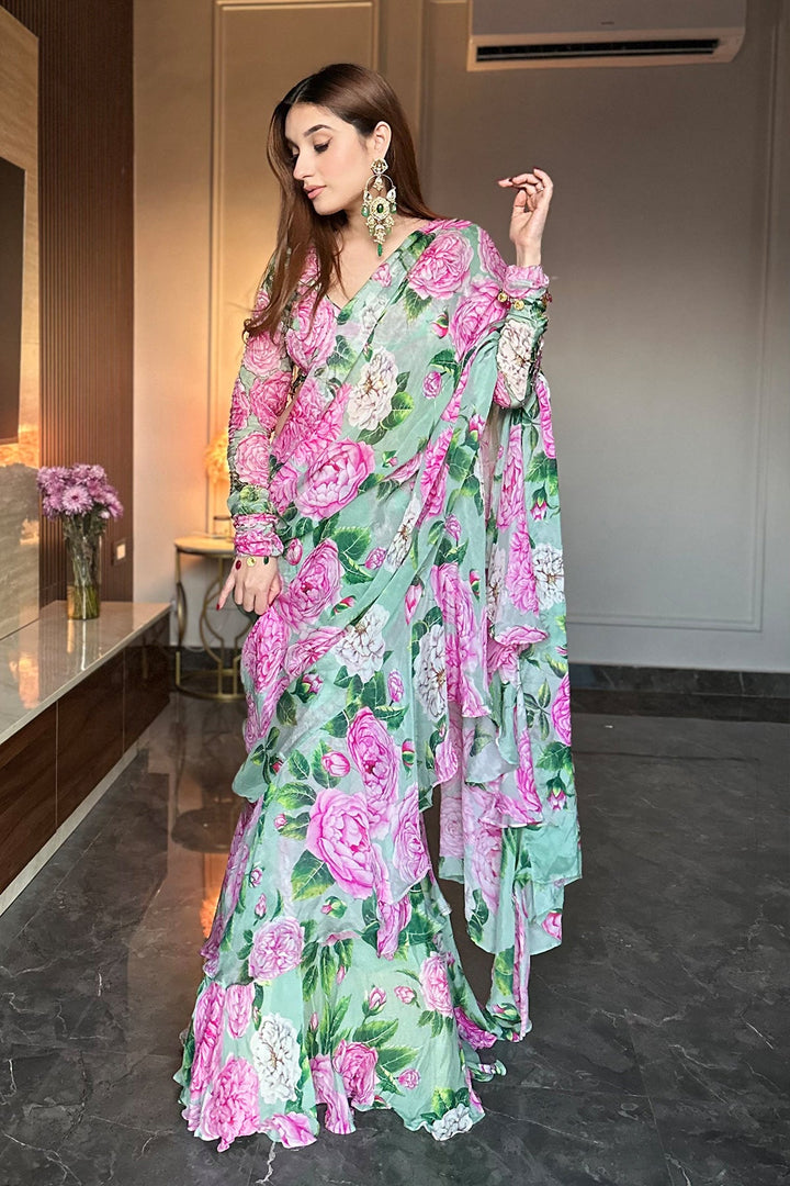 Mint-Pink Peony Ruffle Saree