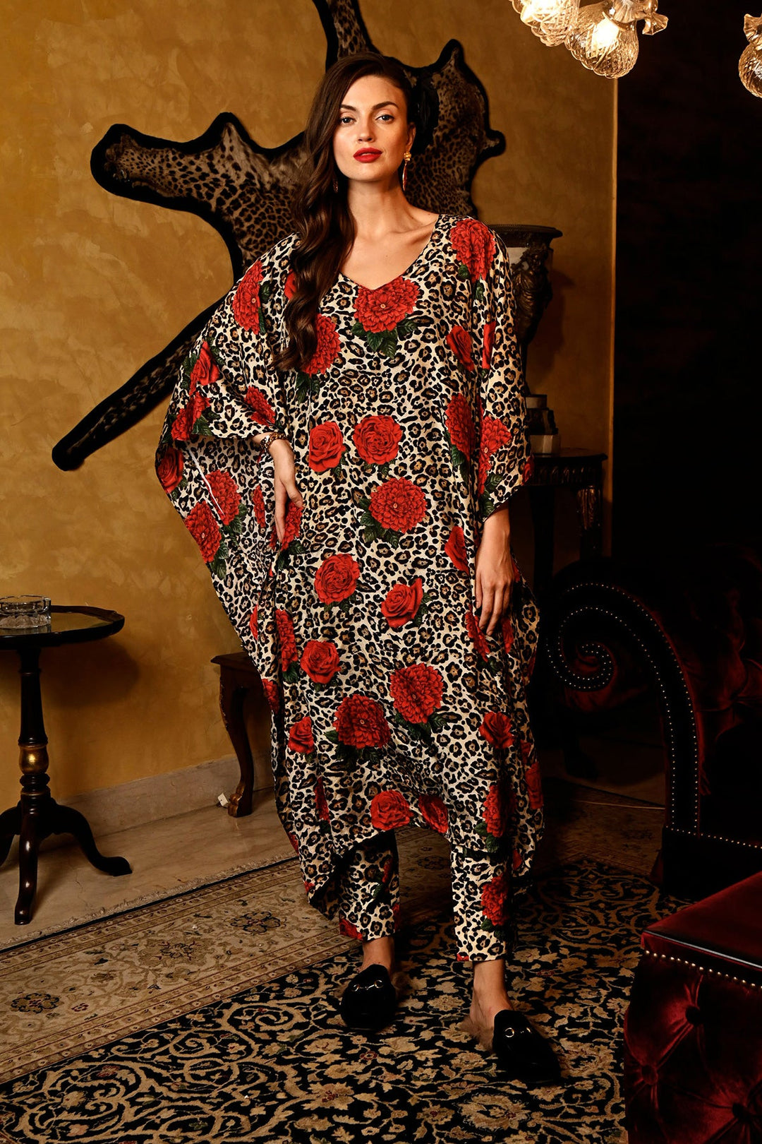 Lepord Red Roses Kaftan Set