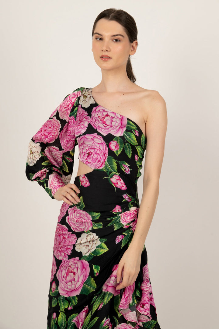 Black Pink Peonies One Shoulder Dress