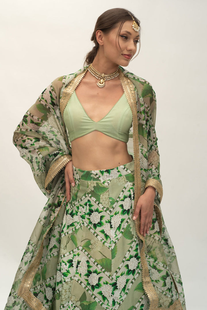 Mint Chevron Lehenga Set