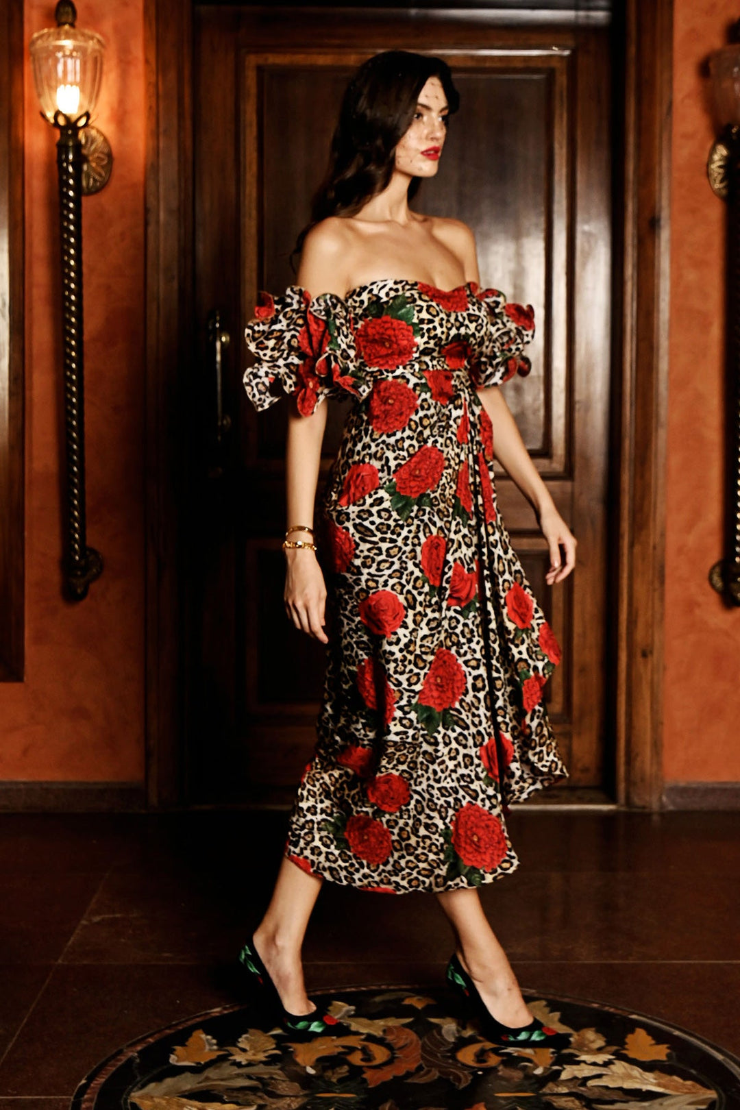 Lepord Red Roses Dress