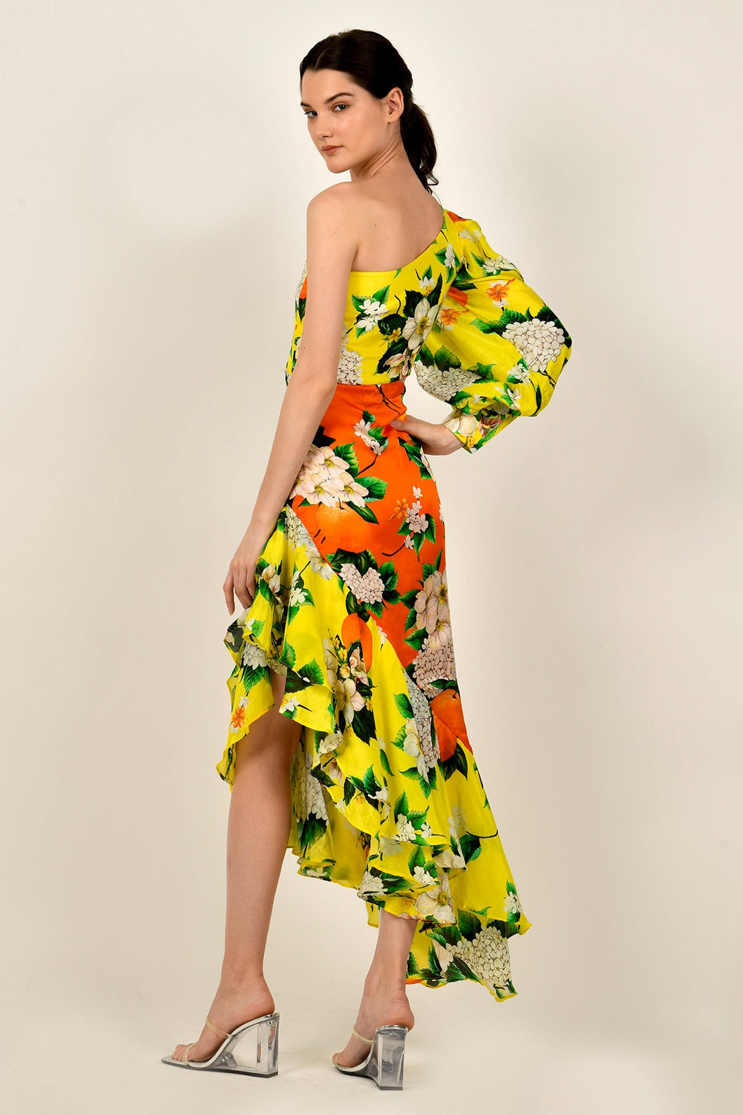 Lemon-Tangerine One Shoulder Dress