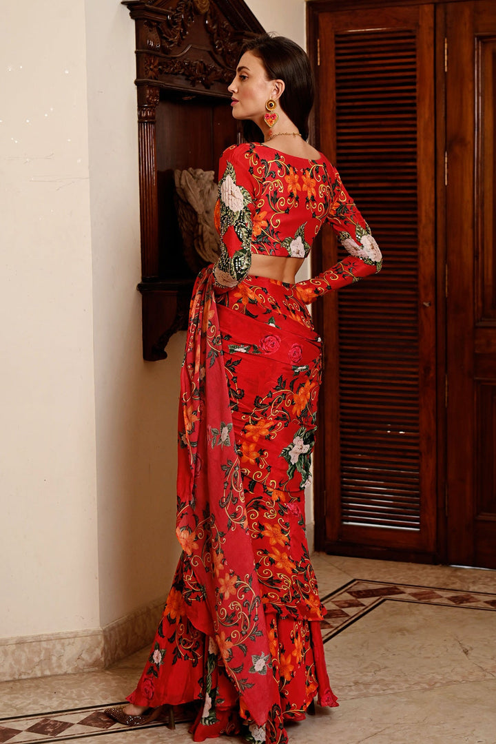 Red Ruffle Saree