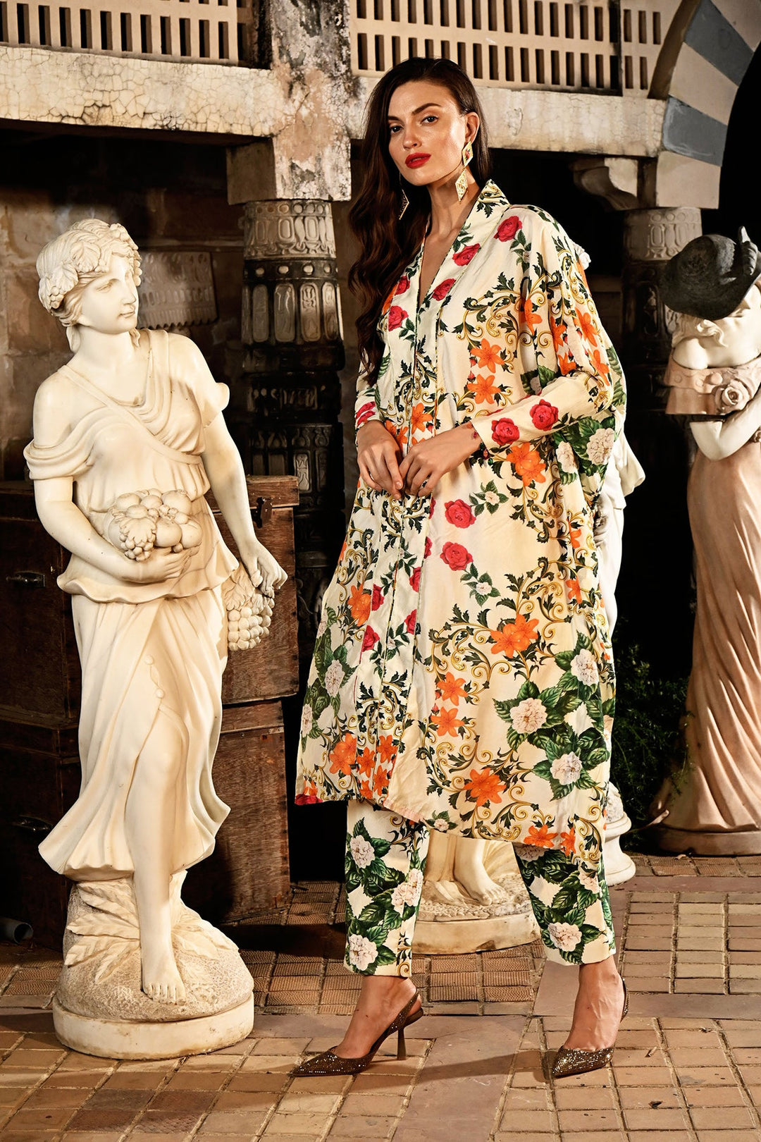 Ivory-Floral Kaftan Set