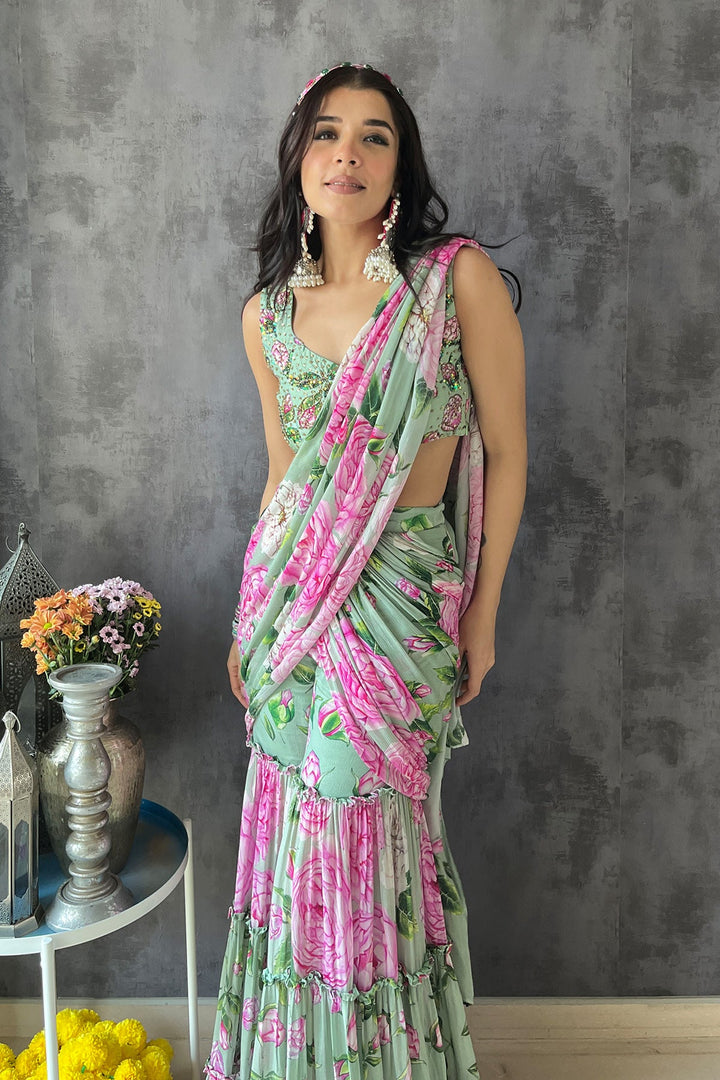 Sukhmani Kaur in Mint Green Sharara Saree Set