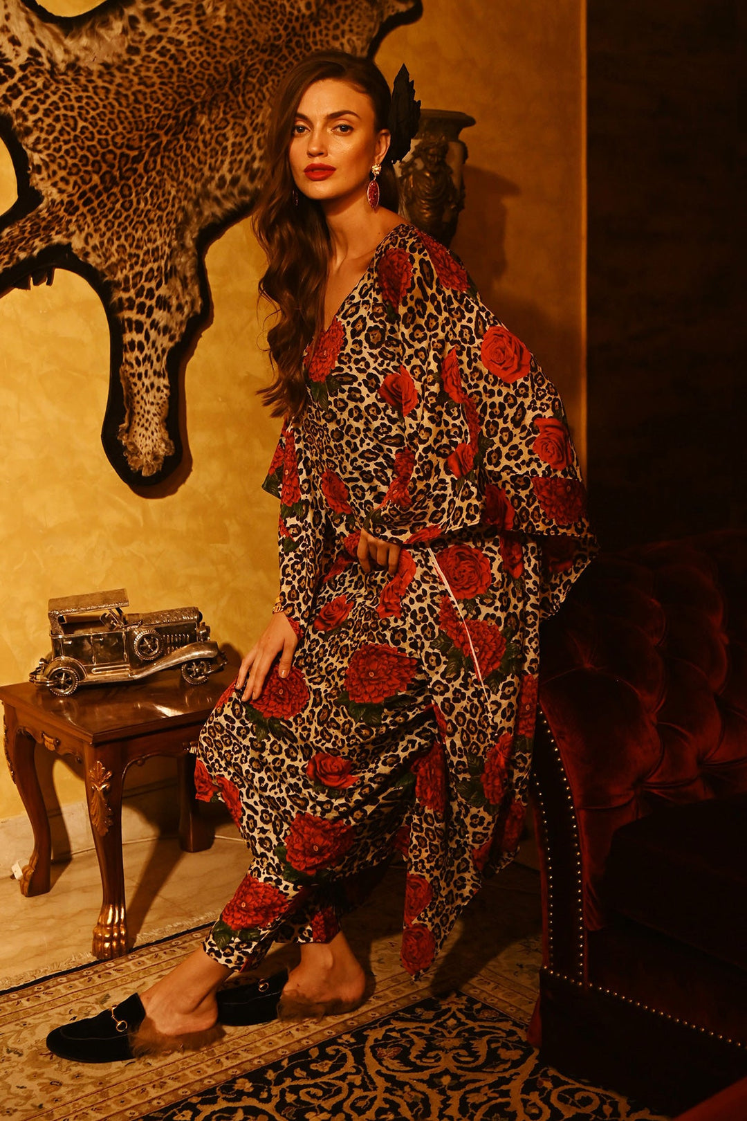 Lepord Red Roses Kaftan Set