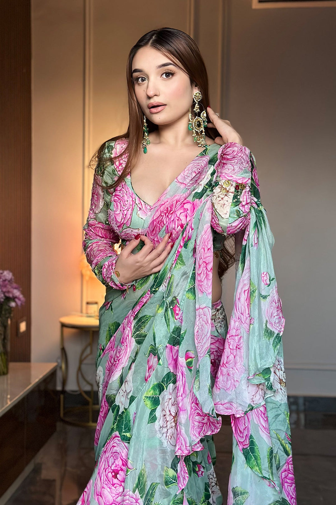 Mint-Pink Peony Ruffle Saree