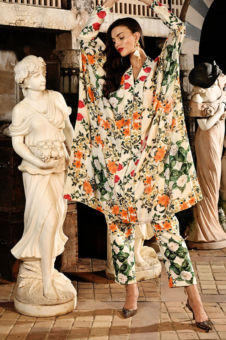 Ivory-Floral Kaftan Set