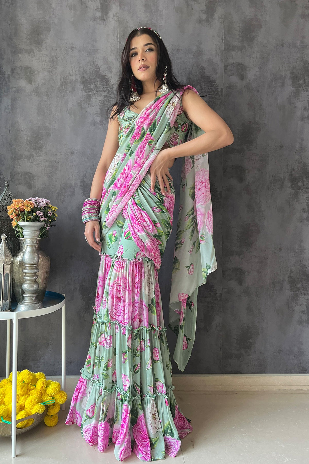 Sukhmani Kaur in Mint Green Sharara Saree Set