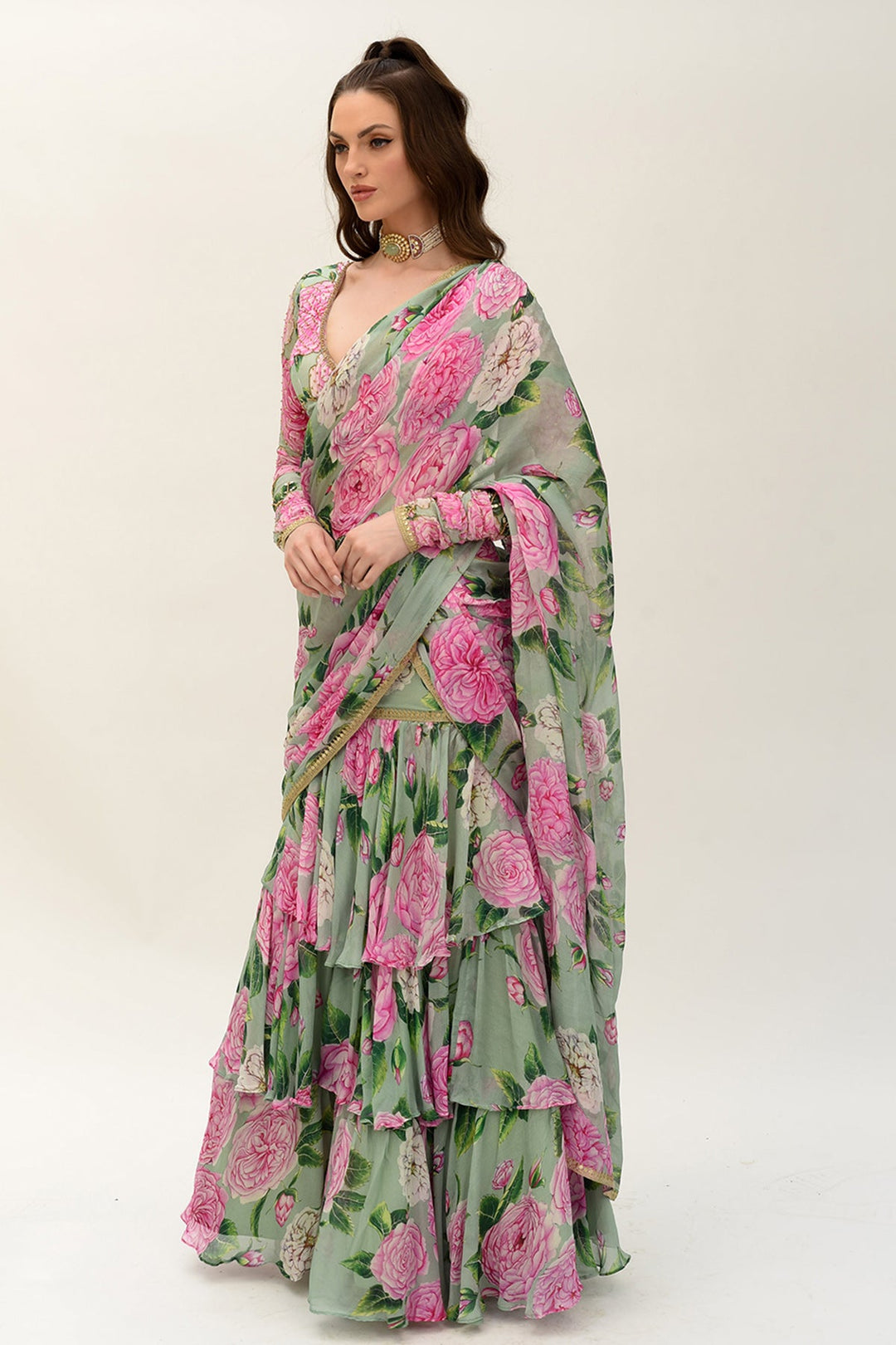 Mint Green 3 Layer Ruffle Saree Set