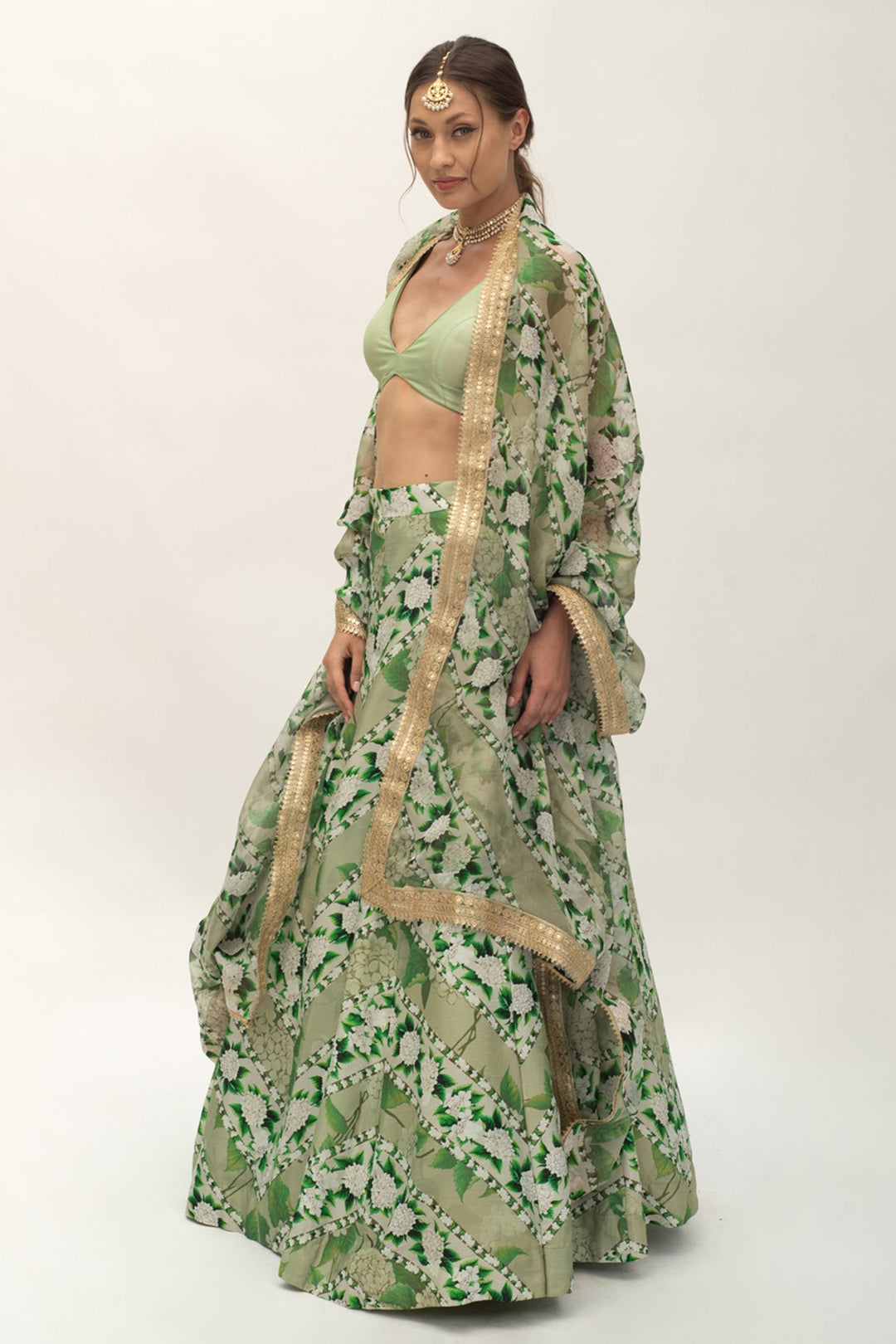 Mint Chevron Lehenga Set