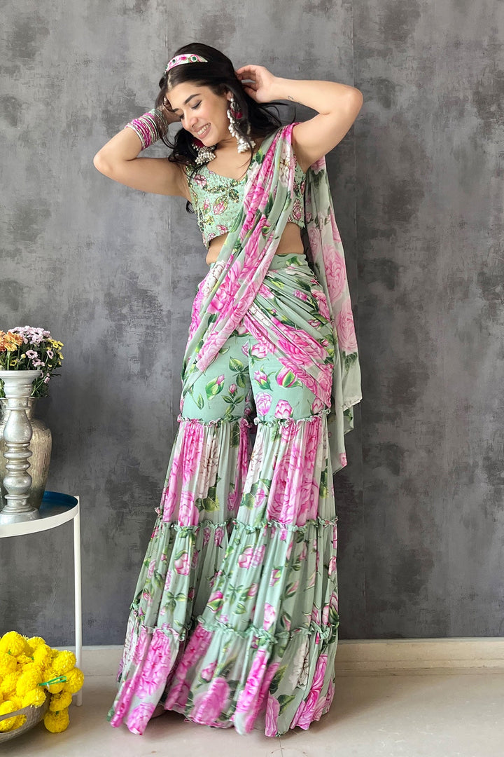 Sukhmani Kaur in Mint Green Sharara Saree Set