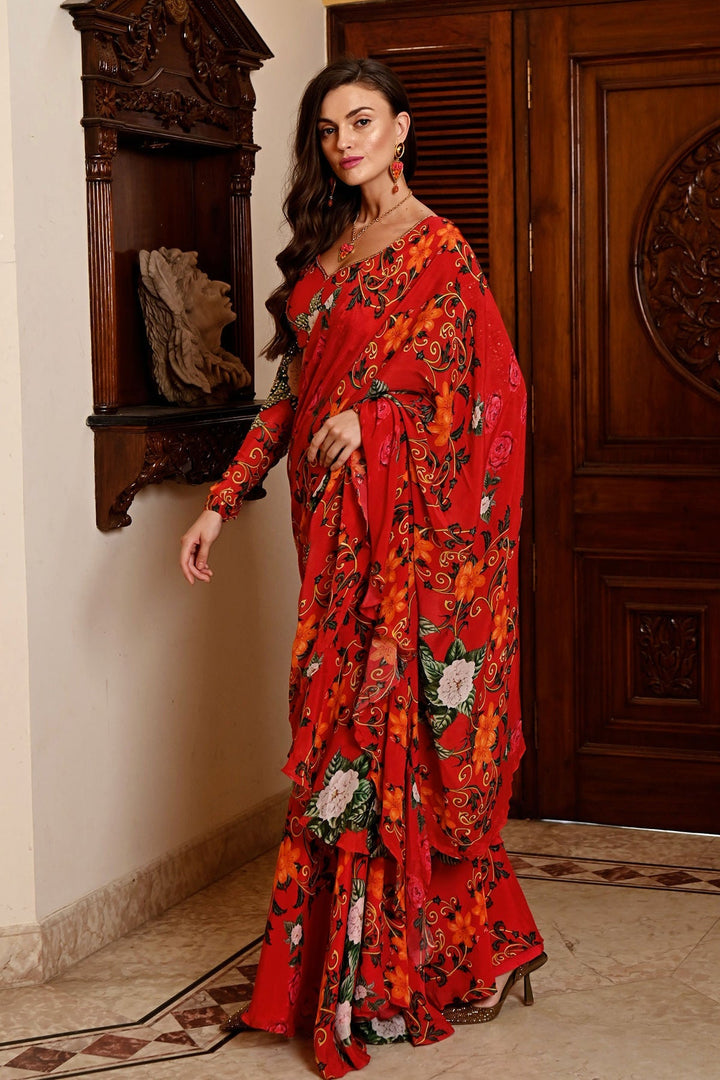 Deeksha Khurana in Red Ruffle Saree Set