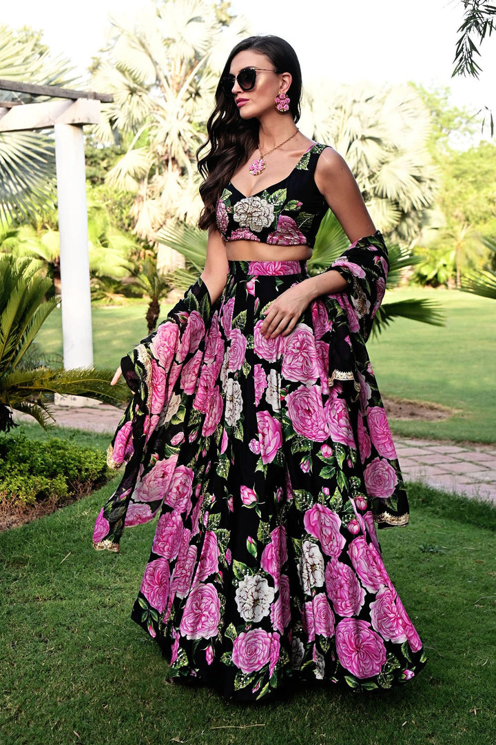 Black Peony Lehenga Set