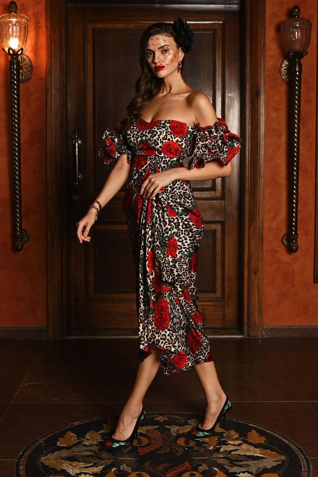 Lepord Red Roses Dress