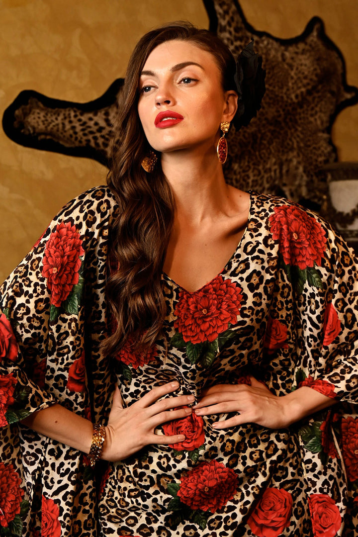 Lepord Red Roses Kaftan Set