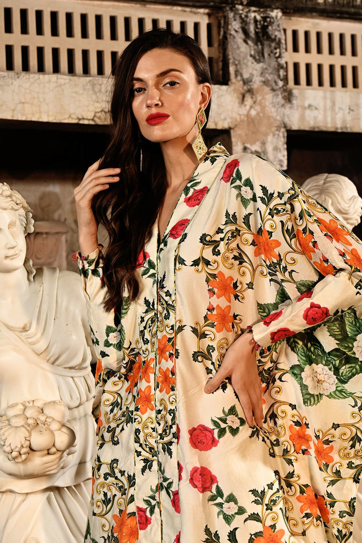 Ivory-Floral Kaftan Set