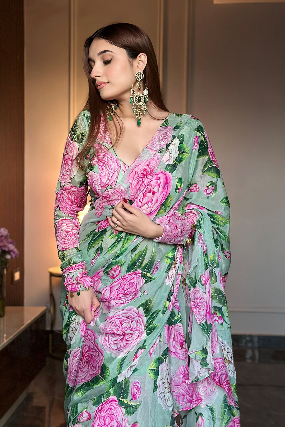 Mint-Pink Peony Ruffle Saree