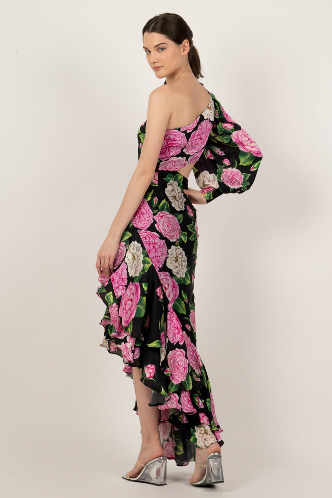 Black Pink Peonies One Shoulder Dress