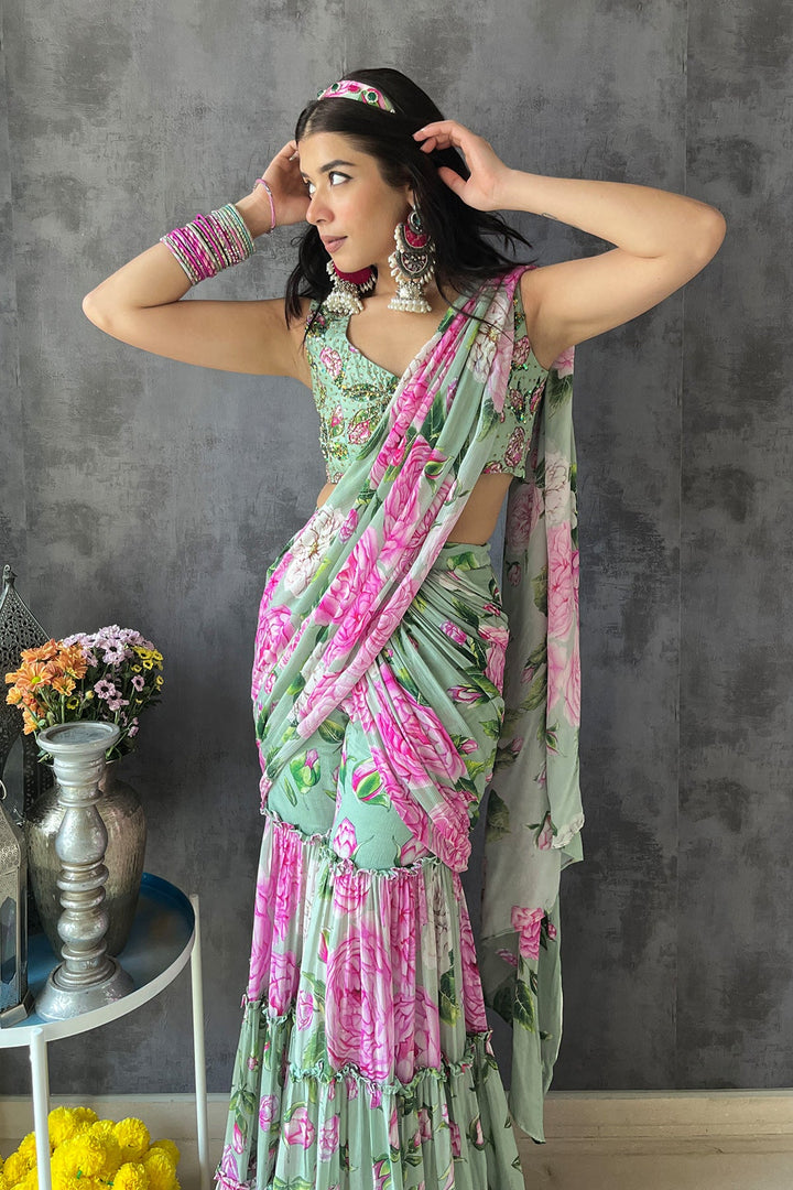 Sukhmani Kaur in Mint Green Sharara Saree Set