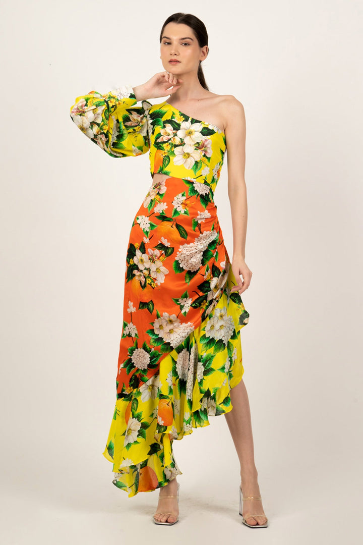 Lemon-Tangerine One Shoulder Dress