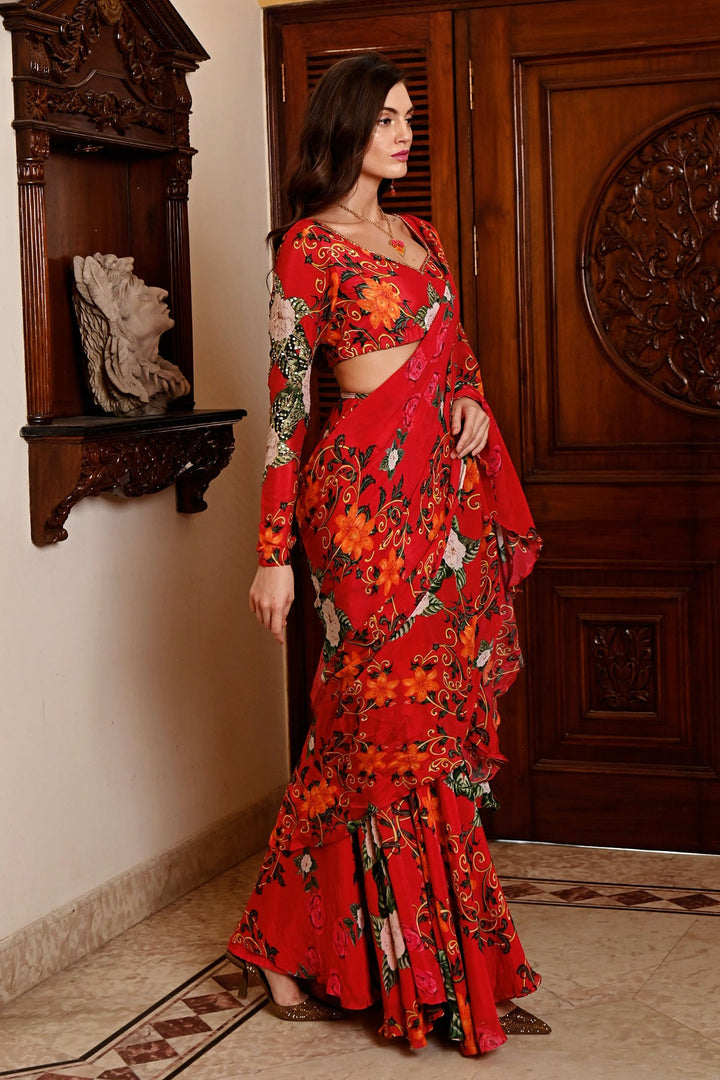 Red Ruffle Saree