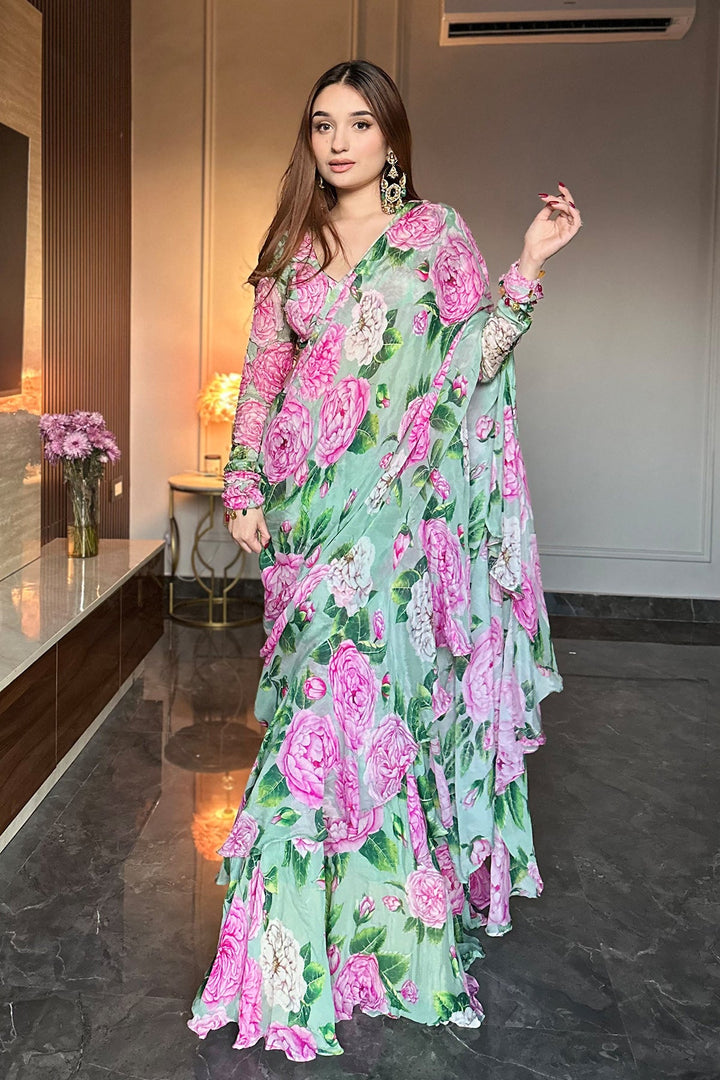 Mint-Pink Peony Ruffle Saree