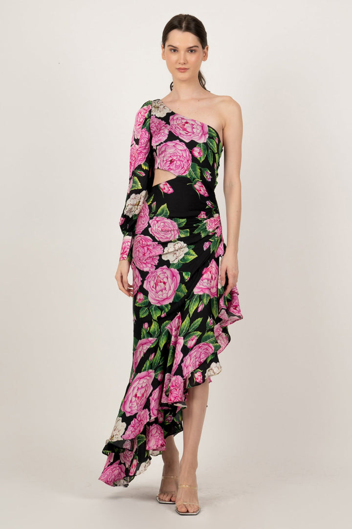 Black Pink Peonies One Shoulder Dress