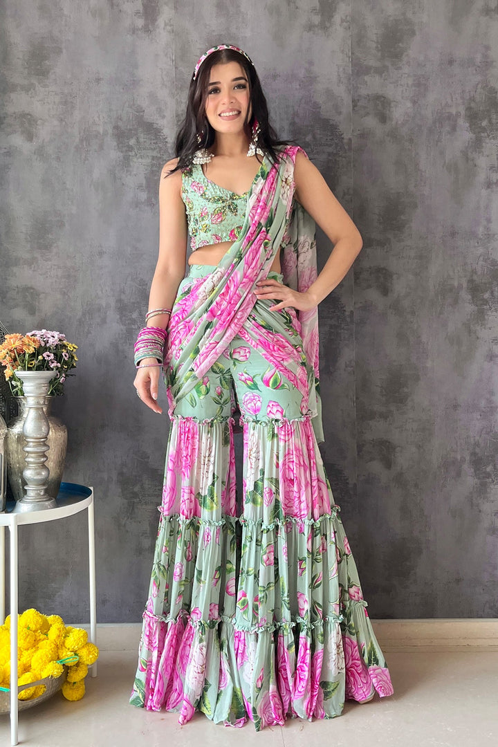 Sukhmani Kaur in Mint Green Sharara Saree Set