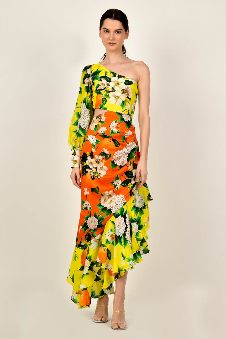 Lemon-Tangerine One Shoulder Dress