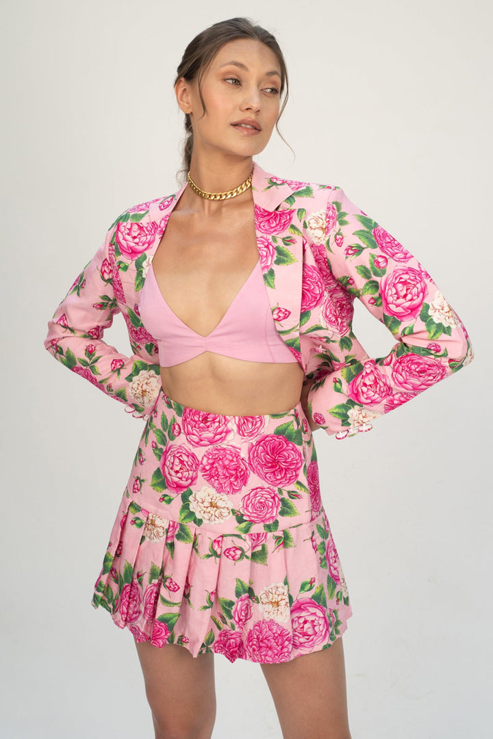Pink Peony Blazer N Pleated Skirt Set